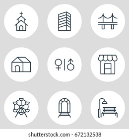 Vector Illustration Of 9 Infrastructure Icons. Editable Pack Of Subway, Ferris Wheel, Toilet And Other Elements.