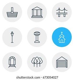 Vector Illustration Of 9 Infrastructure Icons. Editable Pack Of Basket, Subway, Lamppost And Other Elements.
