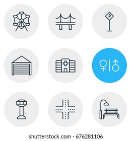 Vector Illustration Of 9 Infrastructure Icons. Editable Pack Of Ferris Wheel, Parking, Control Tower And Other Elements.