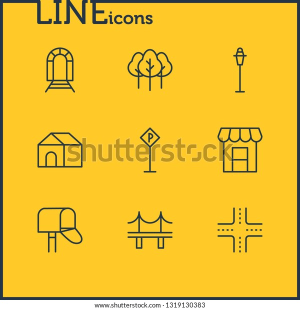 Vector\
illustration of 9 infrastructure icons line style. Editable set of\
bridge, crossroad, house and other icon\
elements.