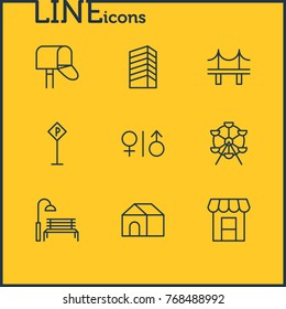 Vector Illustration Of 9 Infrastructure Outline Icons. Editable Set Of Skyscraper, Ferris Wheel, Golden Gate And Other Elements.