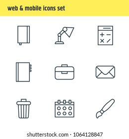 Vector illustration of 9 instruments icons line style. Editable set of table lamp, calendar, brush and other icon elements.