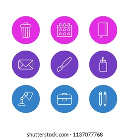 Vector illustration of 9 instruments icons line style. Editable set of glue, envelope, table lamp and other icon elements.