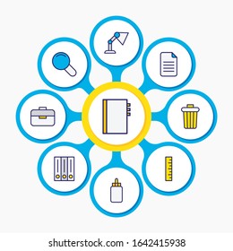 Vector illustration of 9 instruments icons colored line. Editable set of file, ruler, library and other icon elements.