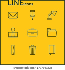 Vector illustration of 9 instruments icons line style. Editable set of notebook, trash bin, envelope and other icon elements.