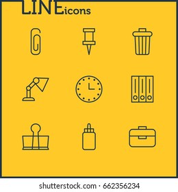 Vector Illustration Of 9 Instruments Icons. Editable Pack Of Paperclip, Binder Clip, Pushpin And Other Elements.