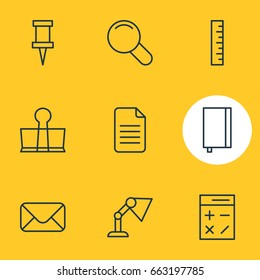 Vector Illustration Of 9 Instruments Icons. Editable Pack Of Calculate, Folder, Binder Clip And Other Elements.