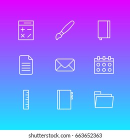 Vector Illustration Of 9 Instruments Icons. Editable Pack Of Calculate, Copybook, Paint And Other Elements.