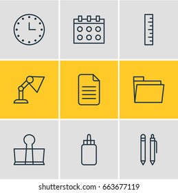 Vector Illustration Of 9 Instruments Icons. Editable Pack Of Meter, Watch, Adhesive And Other Elements.