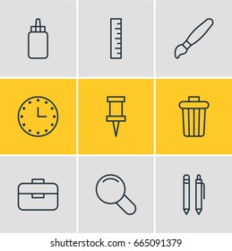 Vector Illustration Of 9 Instruments Icons. Editable Pack Of Pencil, Zoom, Pushpin And Other Elements.