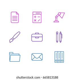 Vector Illustration Of 9 Instruments Icons. Editable Pack Of Portfolio, Dossier, Folder And Other Elements.