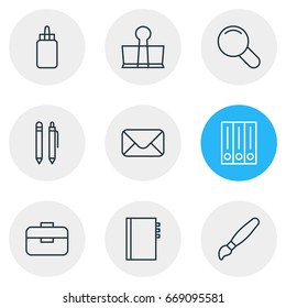 Vector Illustration Of 9 Instruments Icons. Editable Pack Of Zoom, Portfolio, Archive And Other Elements.