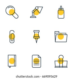 Vector Illustration Of 9 Instruments Icons. Editable Pack Of Dossier, Paperclip, Illuminator And Other Elements.