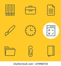 Vector Illustration Of 9 Instruments Icons. Editable Pack Of Folder, Portfolio, Archive And Other Elements.