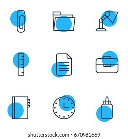 Vector Illustration Of 9 Instruments Icons. Editable Pack Of Textbook, Meter, Watch And Other Elements.
