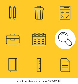 Vector Illustration Of 9 Instruments Icons. Editable Pack Of Meter, Copybook, Portfolio And Other Elements.