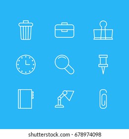 Vector Illustration Of 9 Instruments Icons. Editable Pack Of Textbook, Zoom, Pushpin And Other Elements.