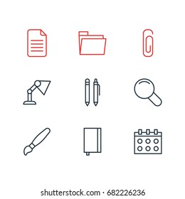 Vector Illustration Of 9 Instruments Icons. Editable Pack Of Paperclip, Copybook, Dossier And Other Elements.