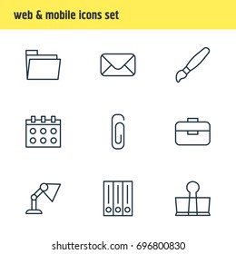 Vector Illustration Of 9 Instruments Icons. Editable Pack Of Letter, Dossier, Binder Clip And Other Elements.