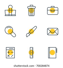 Vector Illustration Of 9 Instruments Icons. Editable Pack Of Meter, Garbage Container, Binder Clip And Other Elements.