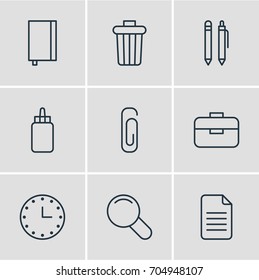 Vector Illustration Of 9 Instruments Icons. Editable Pack Of Zoom, Pencil, Garbage Container And Other Elements.
