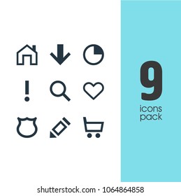 Vector illustration of 9 interface icons. Editable set of write, down, search and other icon elements.