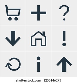 Vector illustration of 9 interface icons. Editable set of homepage, information, up and other icon elements.