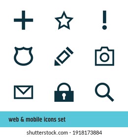 Vector illustration of 9 interface icons. Editable set of mail, warning, write and other icon elements.