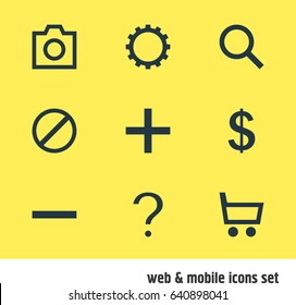 Vector Illustration Of 9 Interface Icons. Editable Pack Of Snapshot, Seek, Minus And Other Elements.