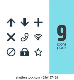 Vector Illustration Of 9 Interface Icons. Editable Pack Of Wrong, Padlock, Plus And Other Elements.