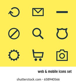 Vector Illustration Of 9 Interface Icons. Editable Pack Of Wheelbarrow, Cogwheel, Letter And Other Elements.