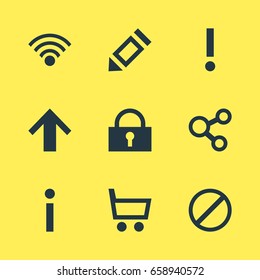 Vector Illustration Of 9 Interface Icons. Editable Pack Of Cordless Connection, Info, Padlock And Other Elements.