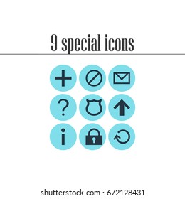 Vector Illustration Of 9 Interface Icons. Editable Pack Of Info, Shield, Renovate And Other Elements.