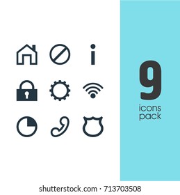 Vector Illustration Of 9 Interface Icons. Editable Pack Of Mainpage, Cordless Connection, Shield And Other Elements.