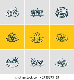 Vector illustration of 9 international food icons line style. Editable set of indian rice with curry, delicious, georgian khinkali and other icon elements.