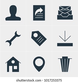 Vector illustration of 9 internet icons. Editable set of spanner, user, bin and other icon elements.