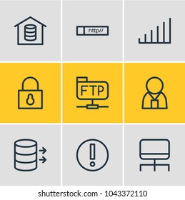 Vector illustration of 9 internet icons line style. Editable set of file transfer protocol, technology, hub and other icon elements.