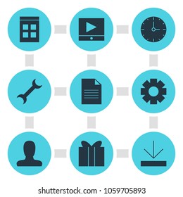 Vector illustration of 9 internet icons. Editable set of time, file, download and other icon elements.