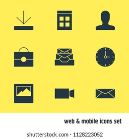 Vector illustration of 9 internet icons. Editable set of user, download, time and other icon elements.