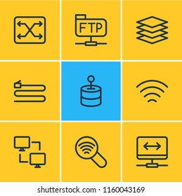 Vector illustration of 9 internet icons line style. Editable set of cable, wifi, vpn and other icon elements.
