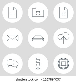 Vector illustration of 9 internet icons line style. Editable set of globe, zip, chat and other icon elements.