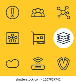 Vector illustration of 9 internet icons line style. Editable set of stack, controller, hub and other icon elements.