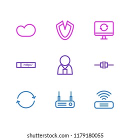 Vector illustration of 9 internet icons line style. Editable set of web address, virus, sync and other icon elements.