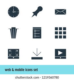 Vector illustration of 9 internet icons. Editable set of e-mail, pin, bin and other icon elements.