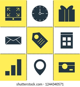Vector illustration of 9 internet icons. Editable set of camera, progress bar, full screen and other icon elements.