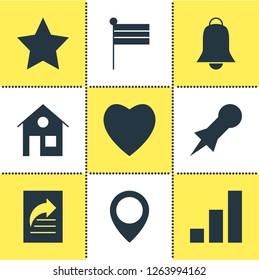 Vector illustration of 9 internet icons. Editable set of home, pin, progress bar and other icon elements.