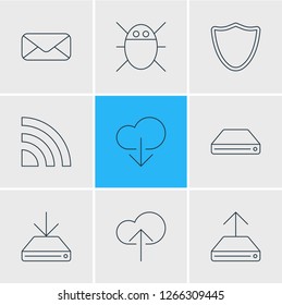 Vector illustration of 9 internet icons line style. Editable set of cloud download, wifi, bug and other icon elements.