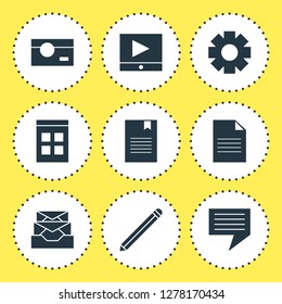Vector illustration of 9 internet icons. Editable set of video player, message, document and other icon elements.