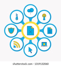 Vector illustration of 9 internet icons colored line. Editable set of remove file, cursor, shield and other icon elements.