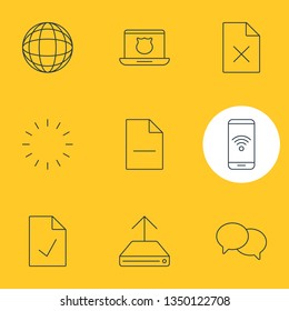 Vector illustration of 9 internet icons line style. Editable set of safe computer, delete document, loading and other icon elements.